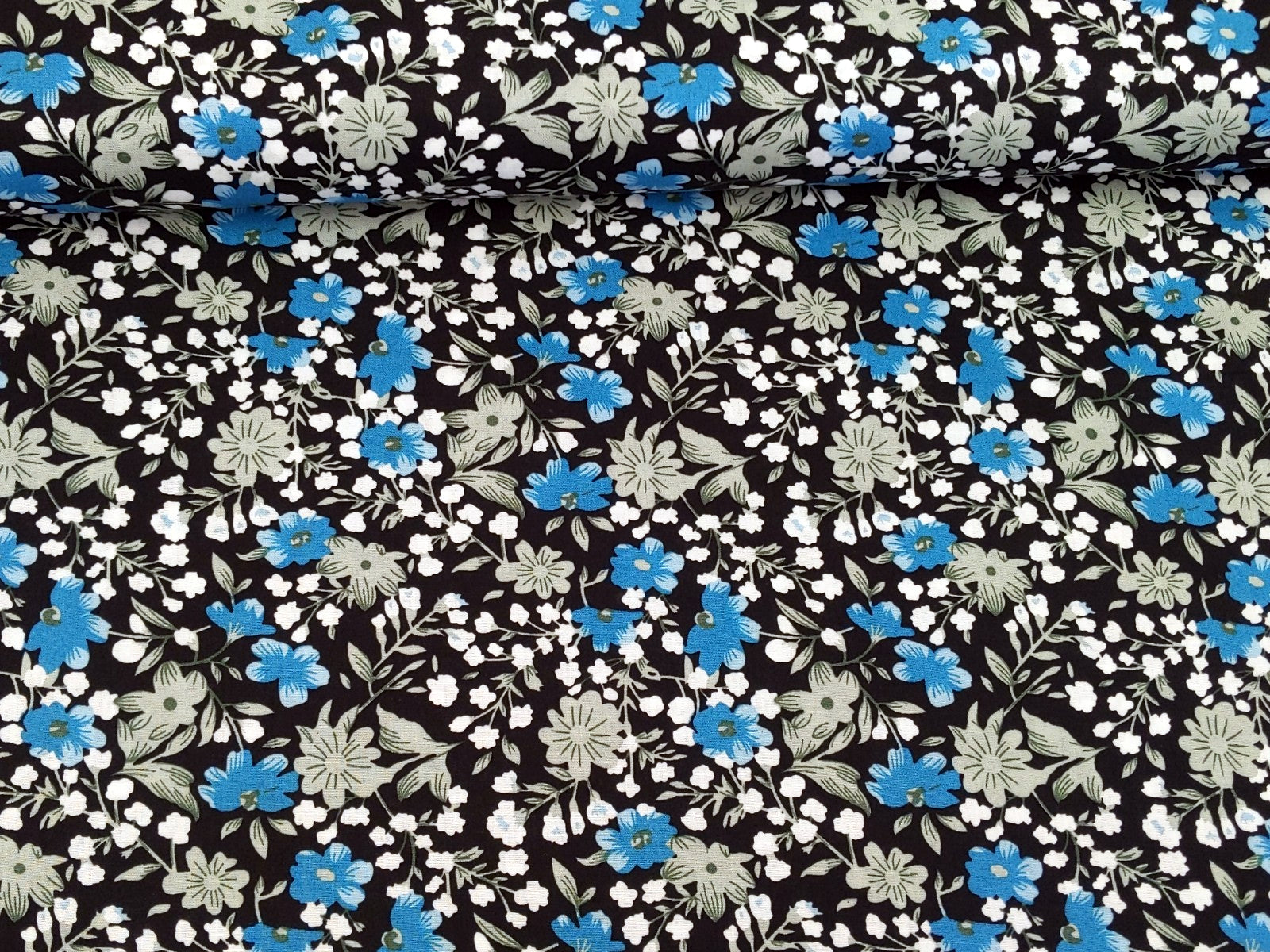 Baumwollstoff Popeline Blumen Aqua Schwarz