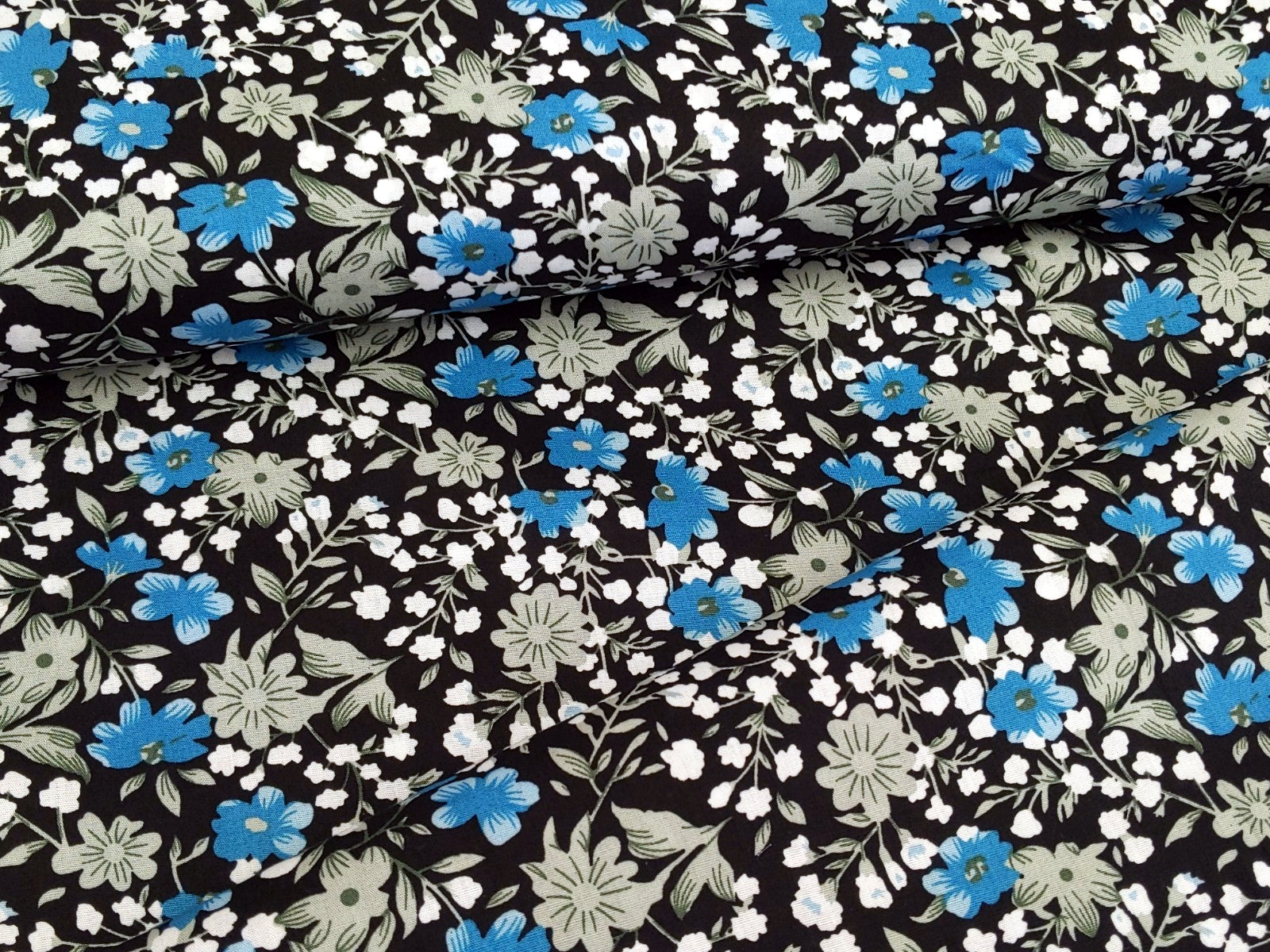Baumwollstoff Popeline Blumen Aqua Schwarz
