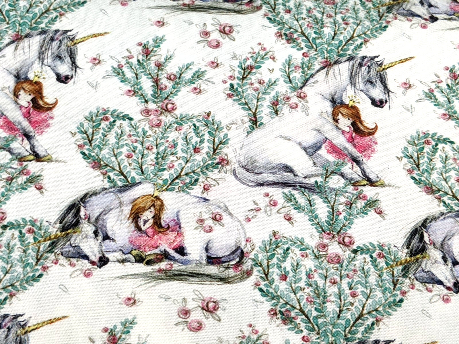 Baumwollstoff Popline Digital Einhorn im Zauberwald mit Prinzessin Ecru