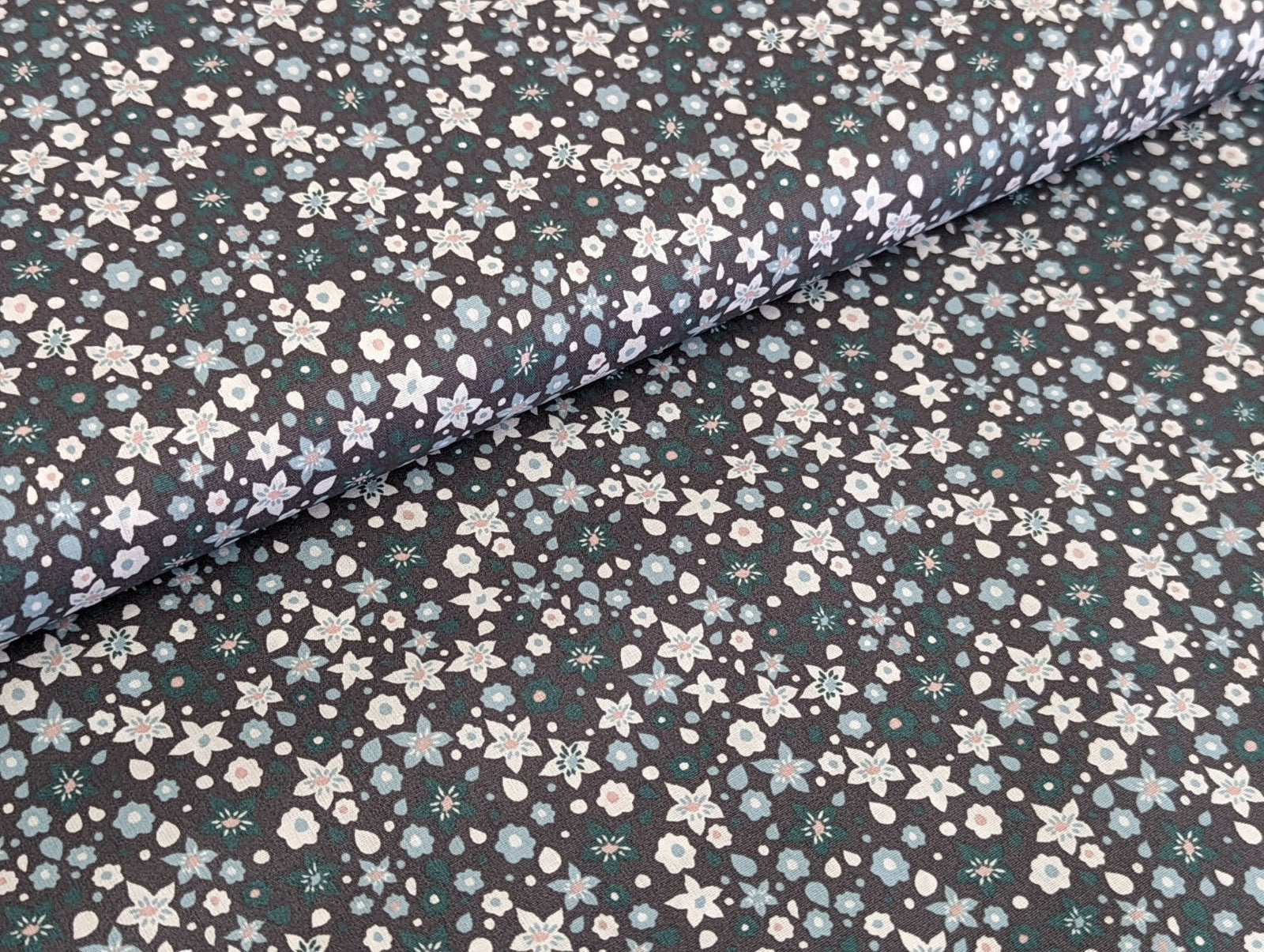 Baumwollstoff Poplin Blumenrausch Grau Mint