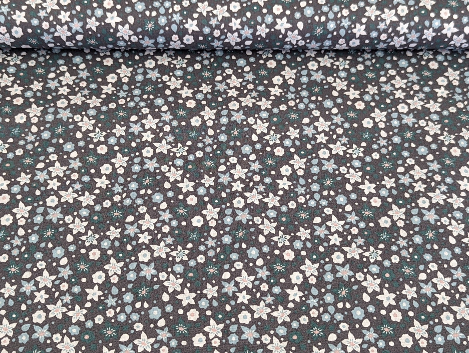 Baumwollstoff Poplin Blumenrausch Grau Mint