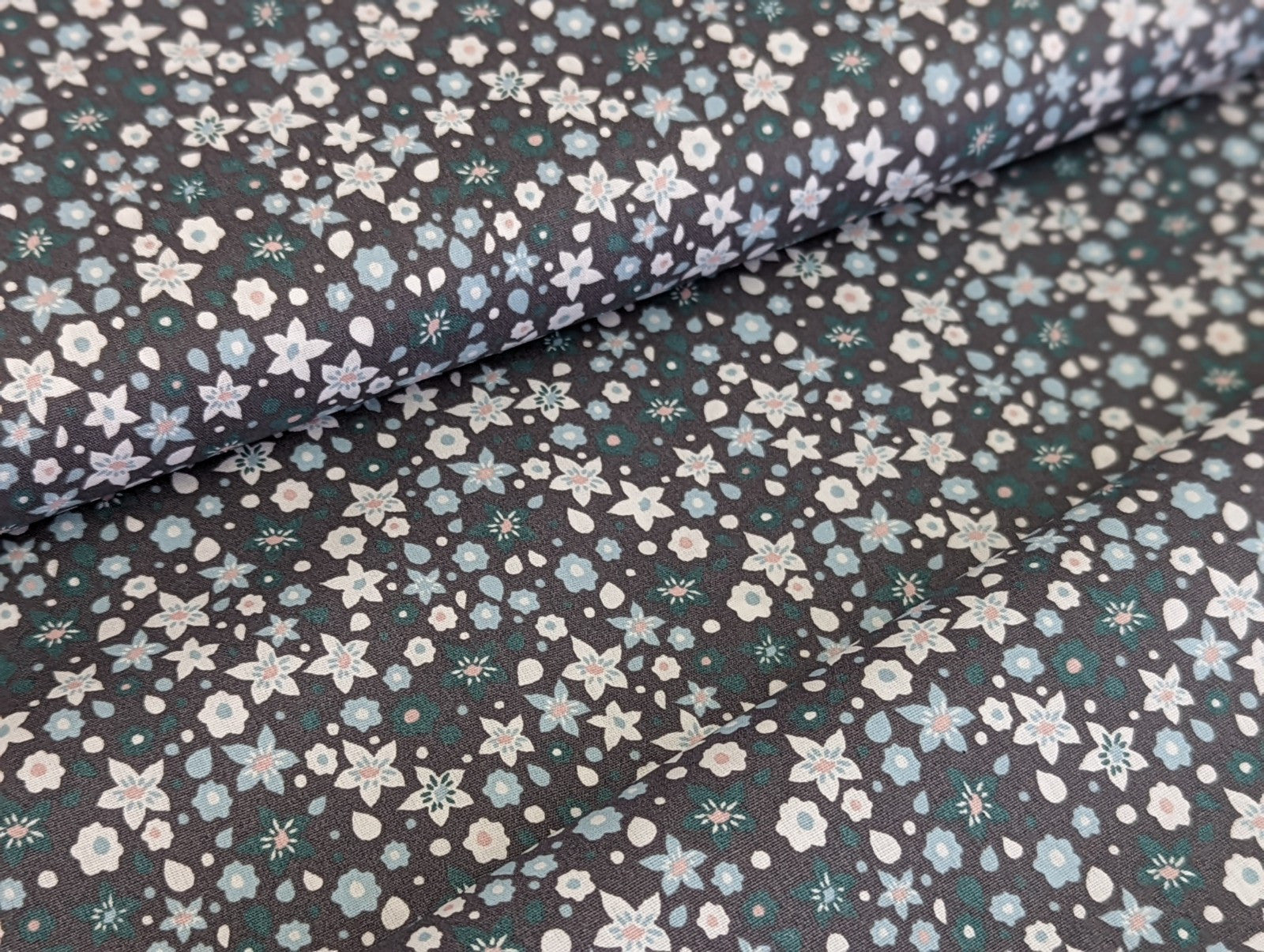 Baumwollstoff Poplin Blumenrausch Grau Mint