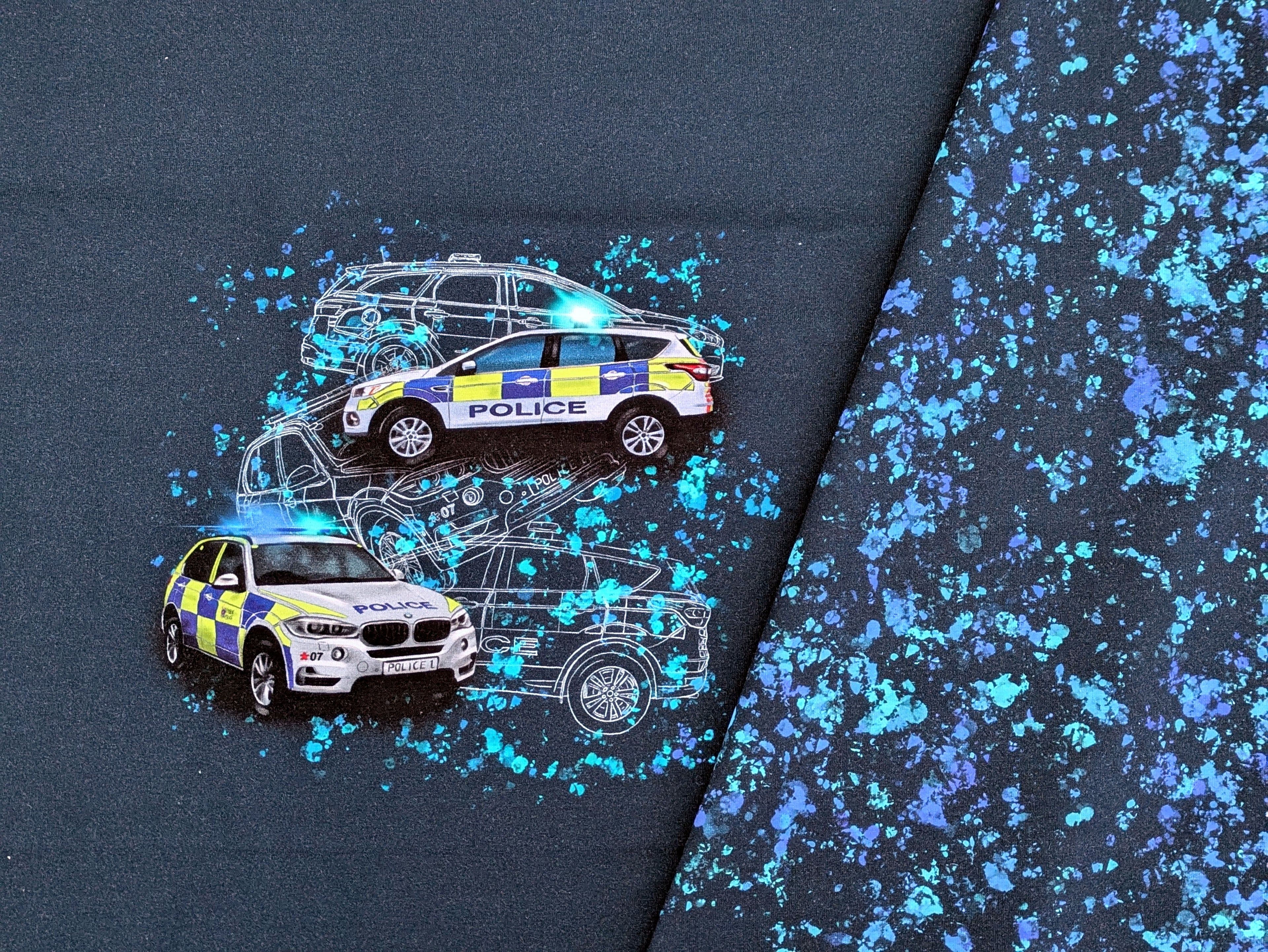 Eigenproduktion Baumwolljersey Panel Polizei Verkehr Blau  ca. 60 x 165
