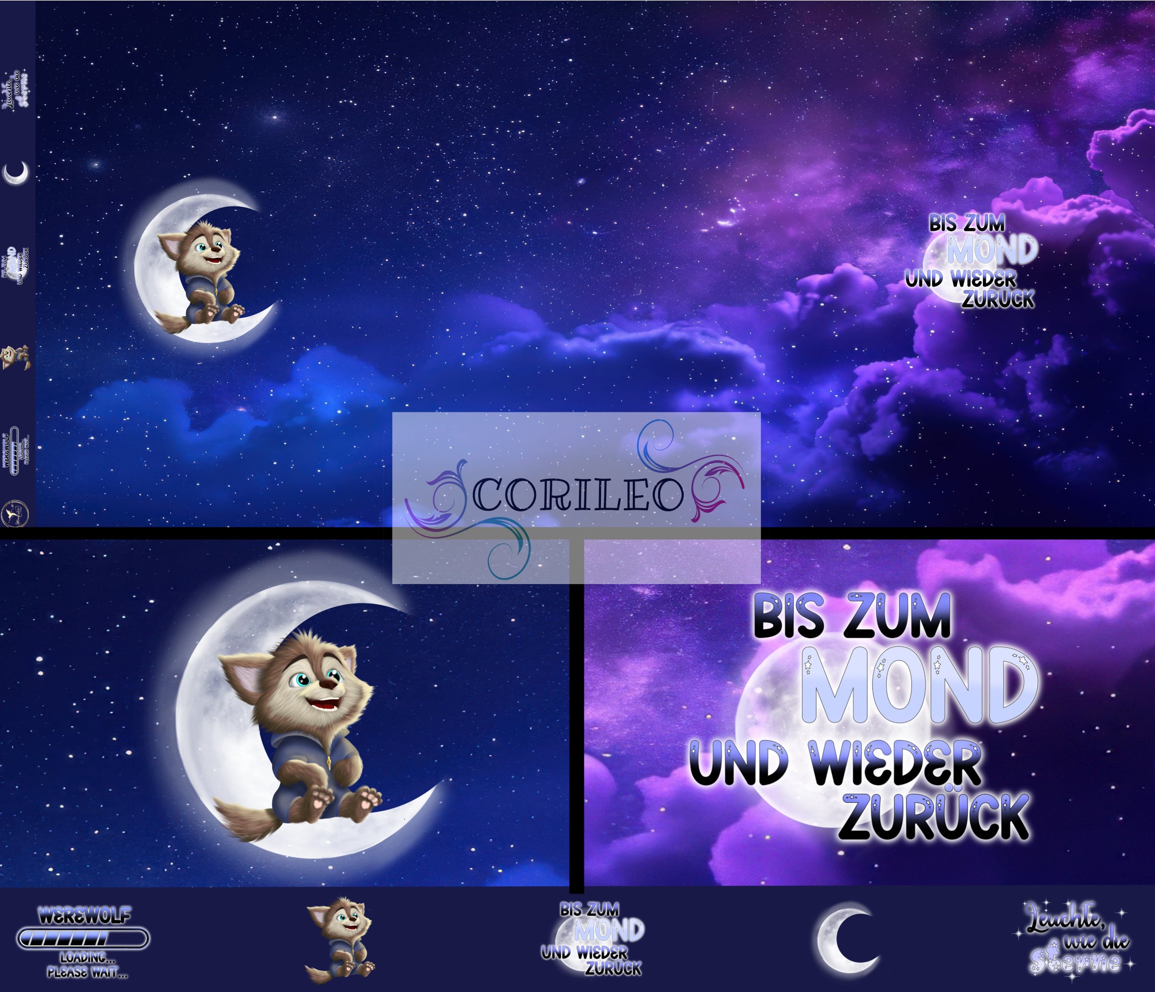 Eigenproduktion French Terry Panel Lupo der Werwolf auf dem Mond Lila 65x165 cm