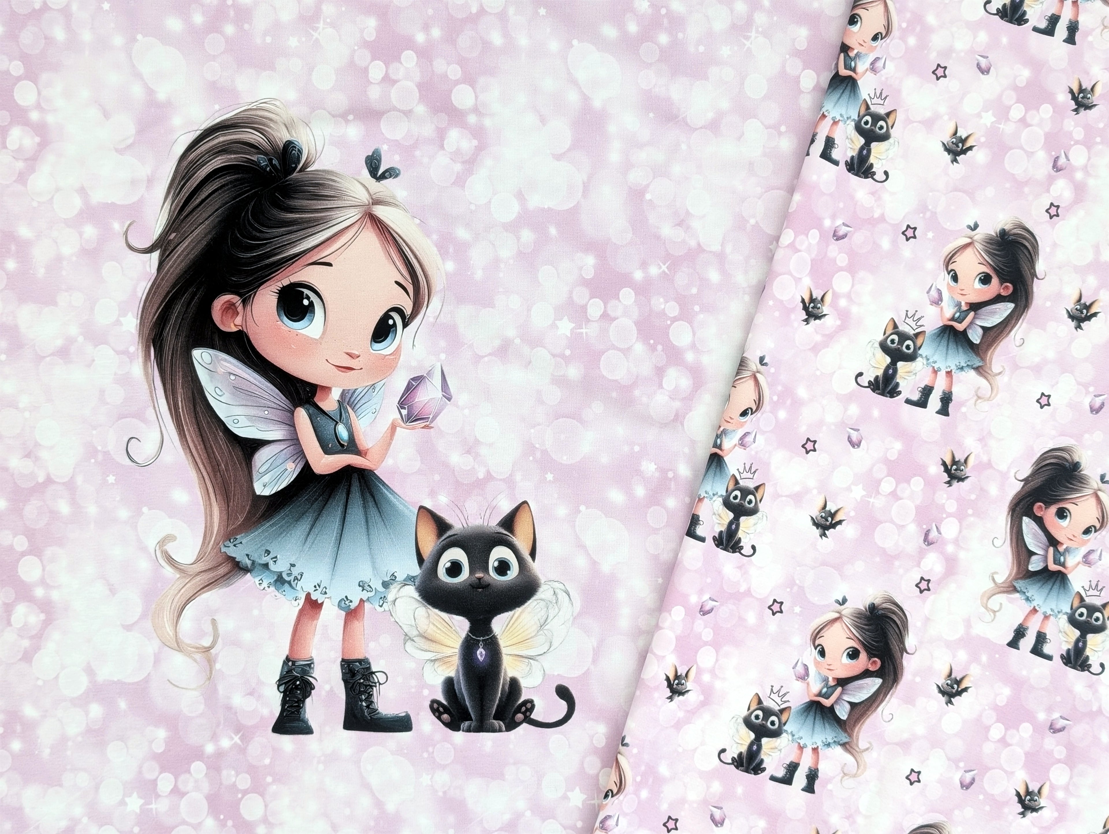 Eigenproduktion Baumwolljersey Panel Diamond Girl Cat auf Rosa / Flieder 75 x 165 cm