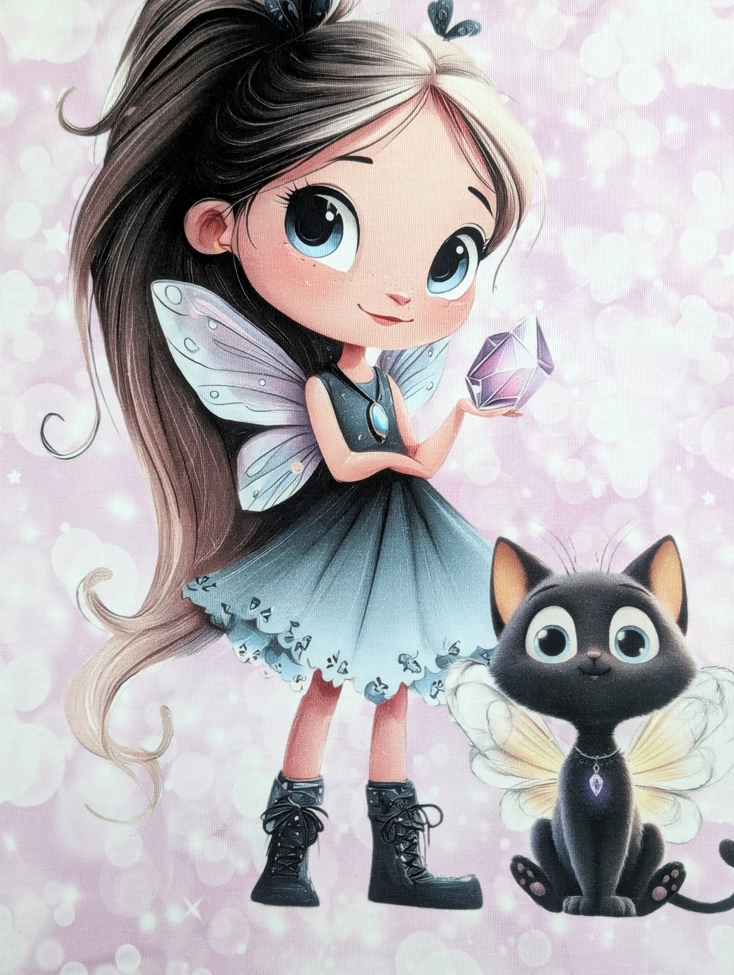 Eigenproduktion Baumwolljersey Panel Diamond Girl Cat auf Rosa / Flieder 75 x 165 cm