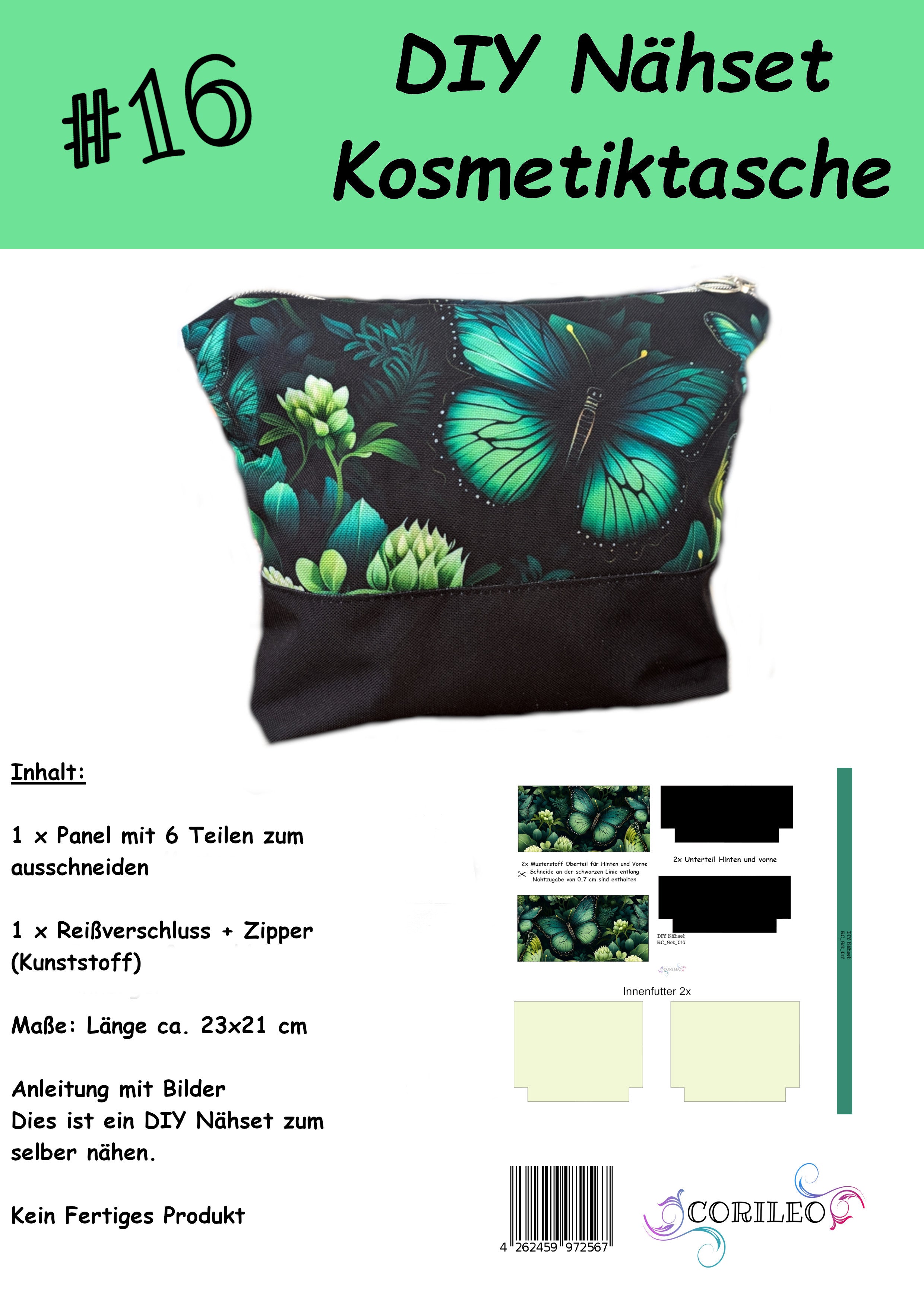 Panel Nähset Kosmetiktasche - Green Fly -