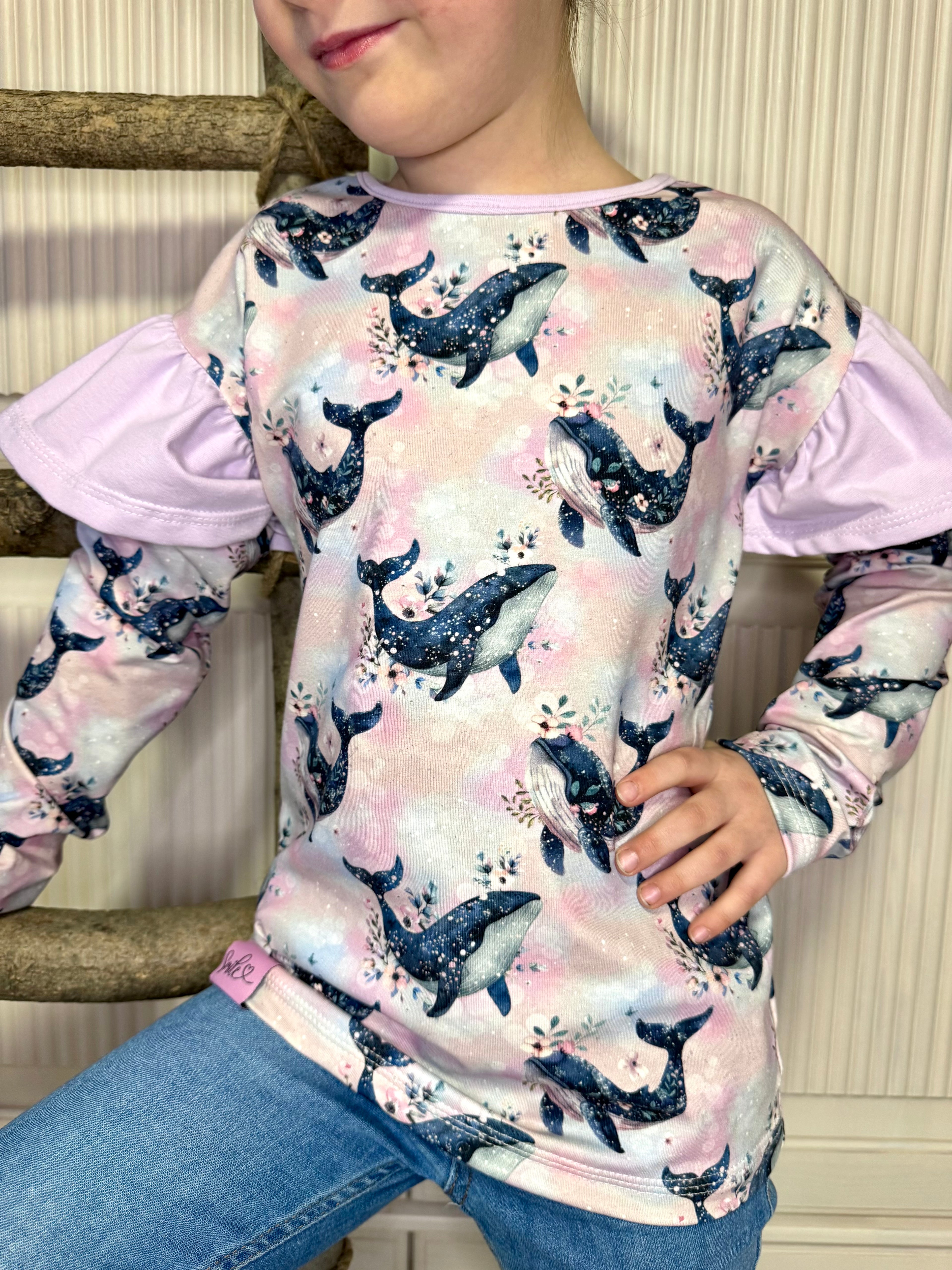 Eigenproduktion Baumwolljersey Blumen Wal auf Rosa Pastell