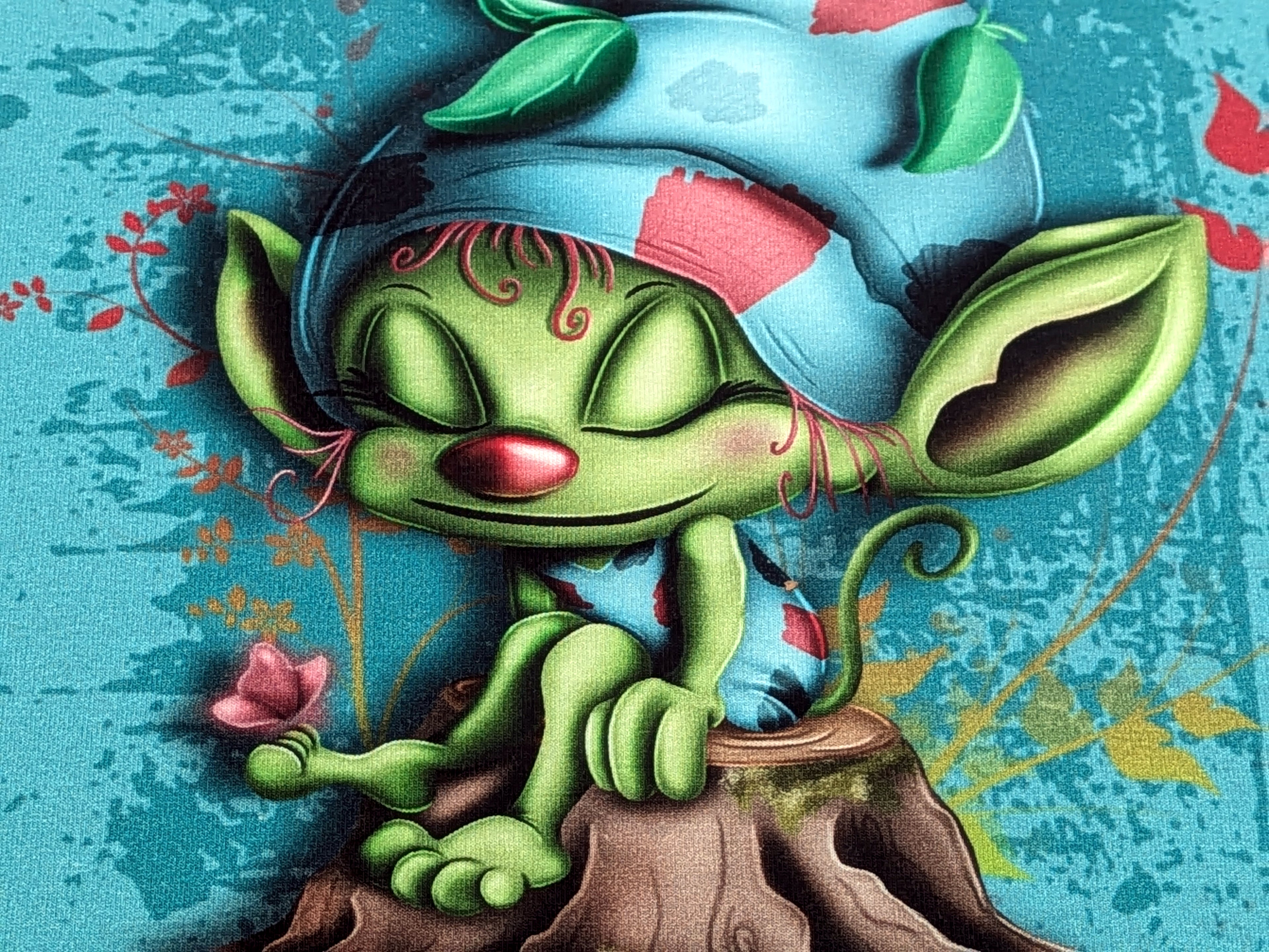Eigenproduktion French Terry Panel Träumende Waldbewohnerin auf Grün 70 x 165 cm