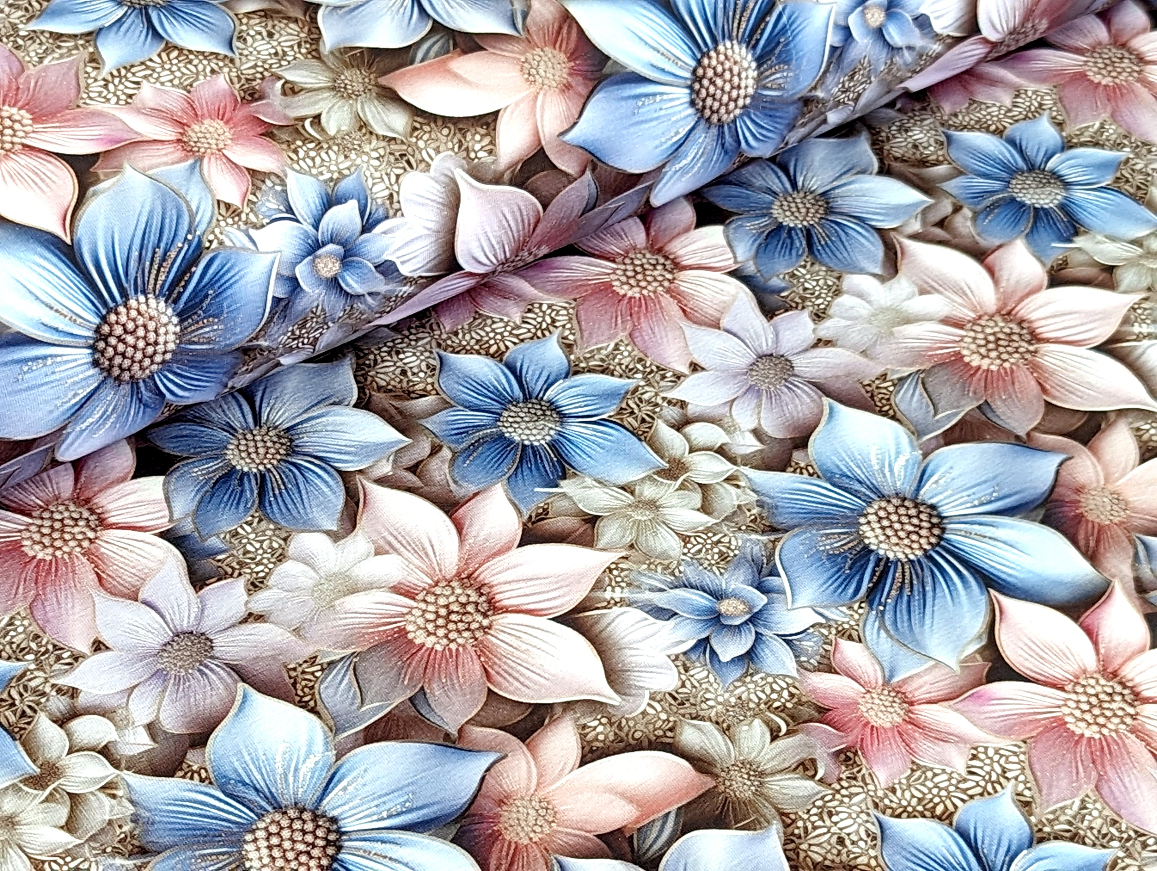 Eigenproduktion Bio Baumwolljersey Traumhafte Blüten Pastelltöne Hellblau/Rosa