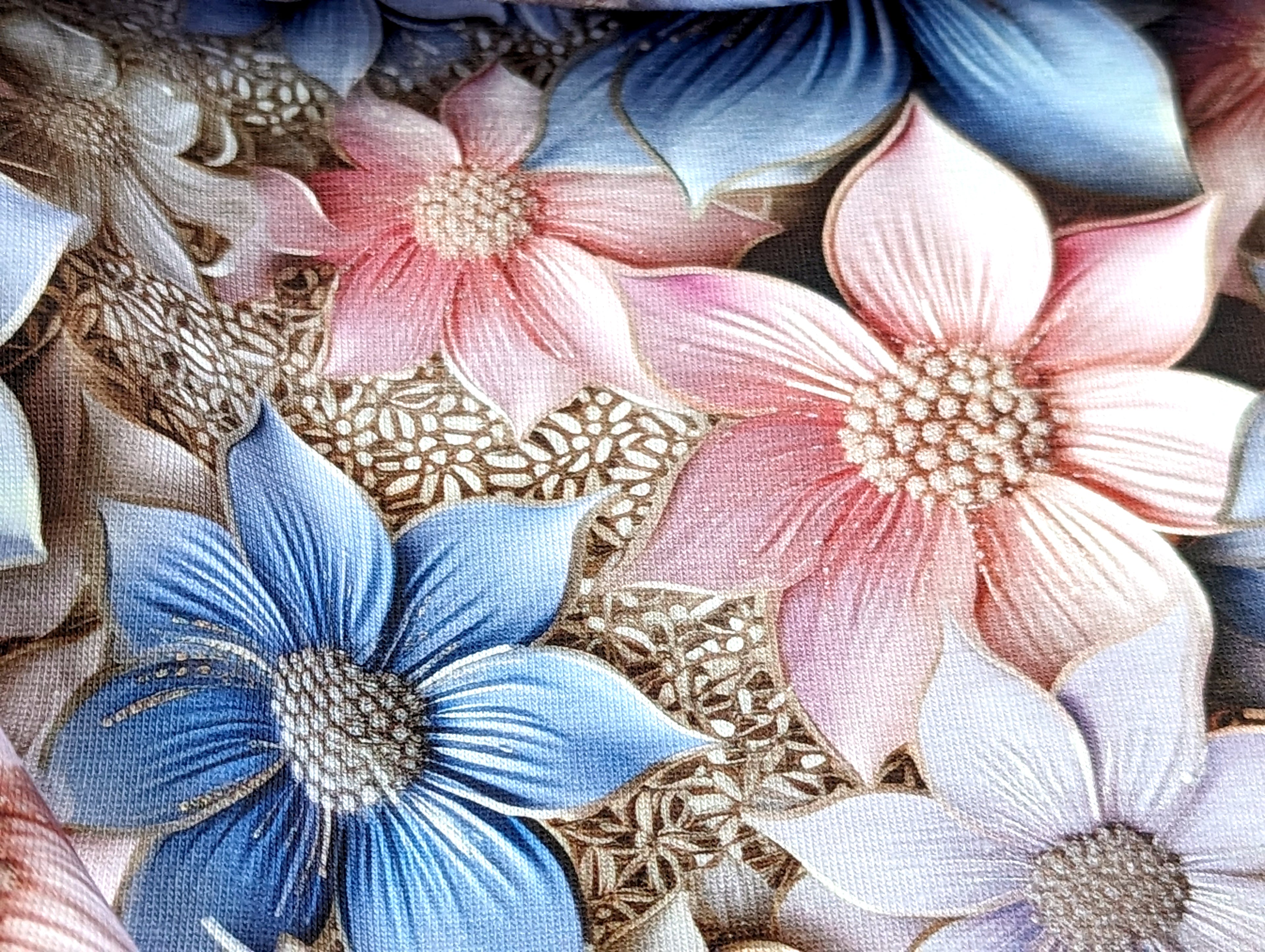 Eigenproduktion Bio Baumwolljersey Traumhafte Blüten Pastelltöne Hellblau/Rosa
