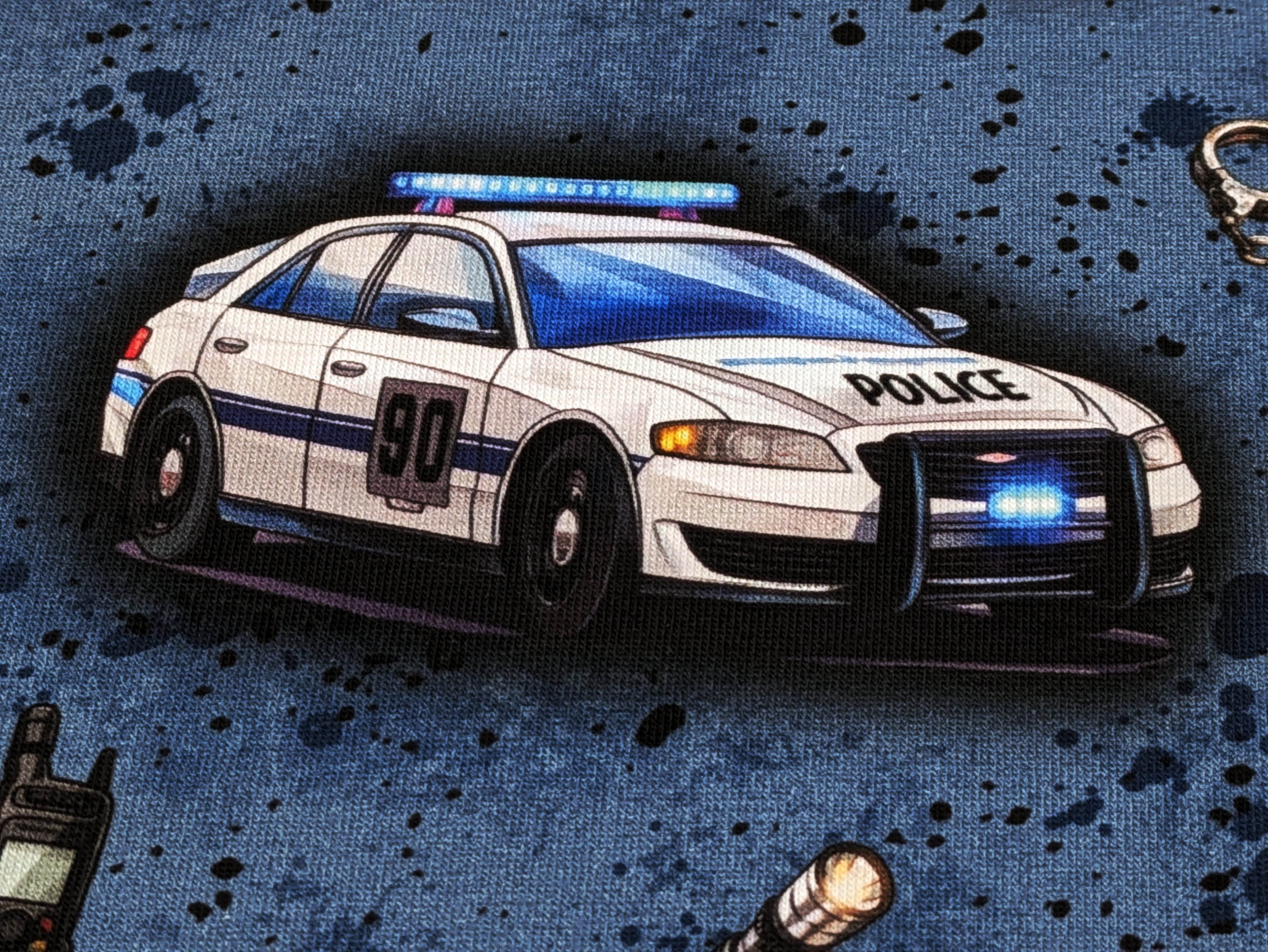 Eigenproduktion Baumwolljersey Rasante Polizei Motorrad auf Jeansblau