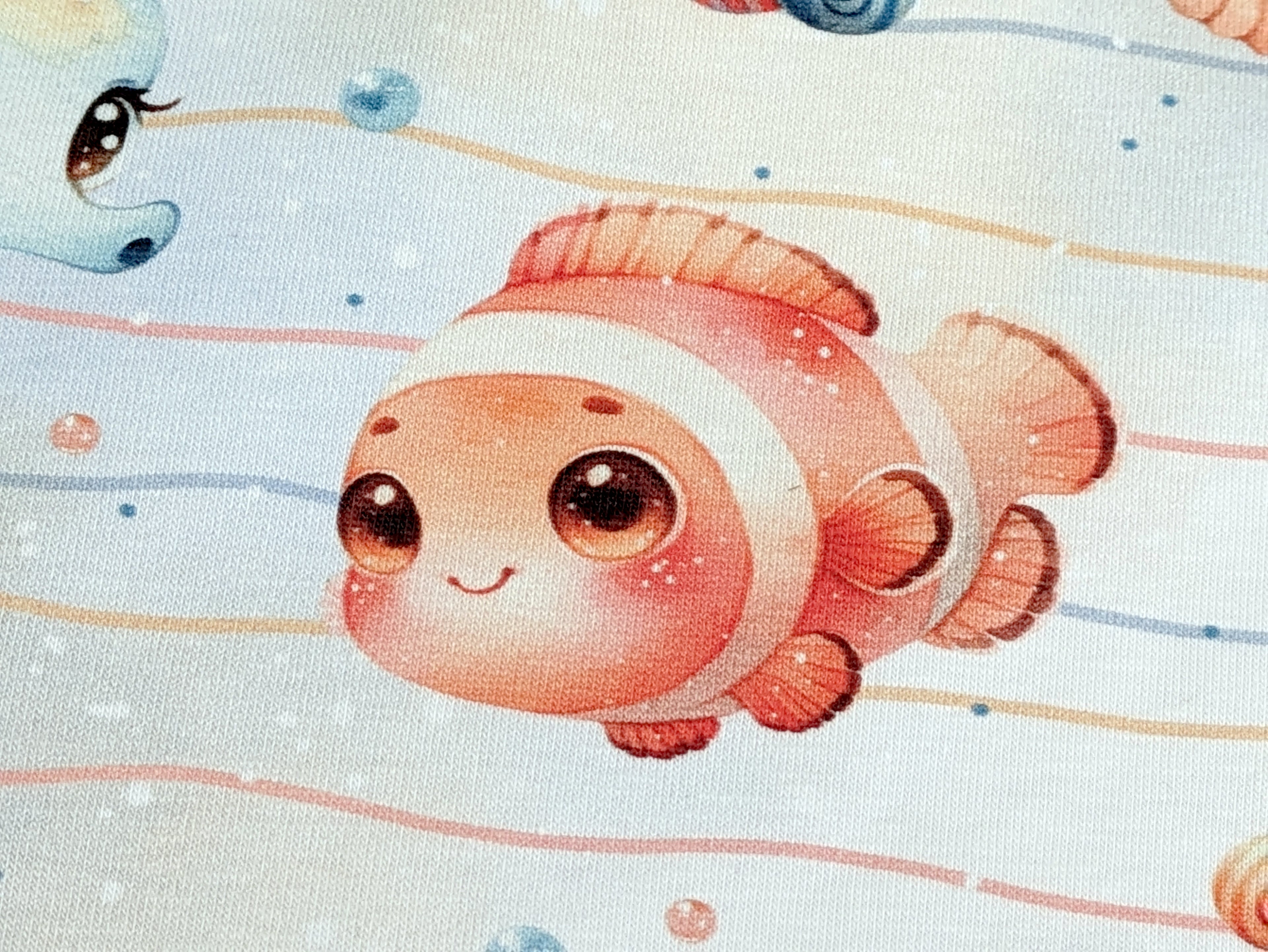 Eigenproduktion Baumwolljersey See Bewohner Seepferdchen Fische auf Streifen Weiß