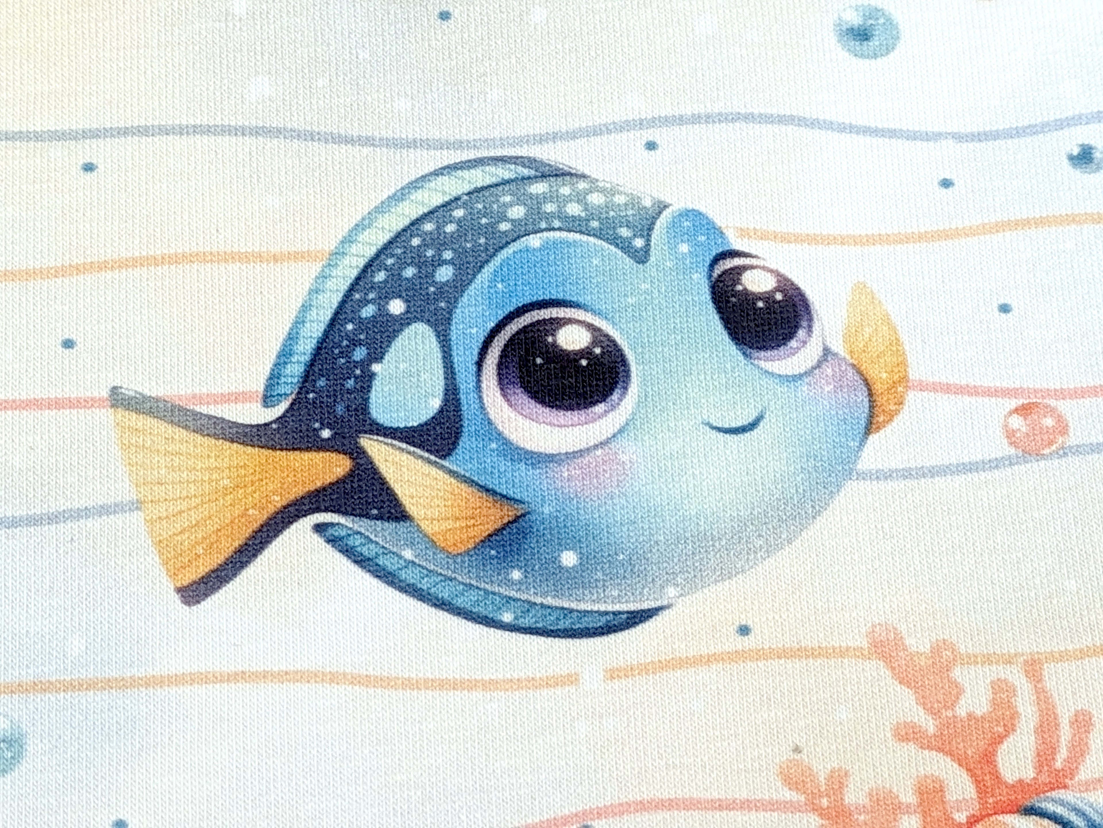 Eigenproduktion Baumwolljersey See Bewohner Seepferdchen Fische auf Streifen Weiß