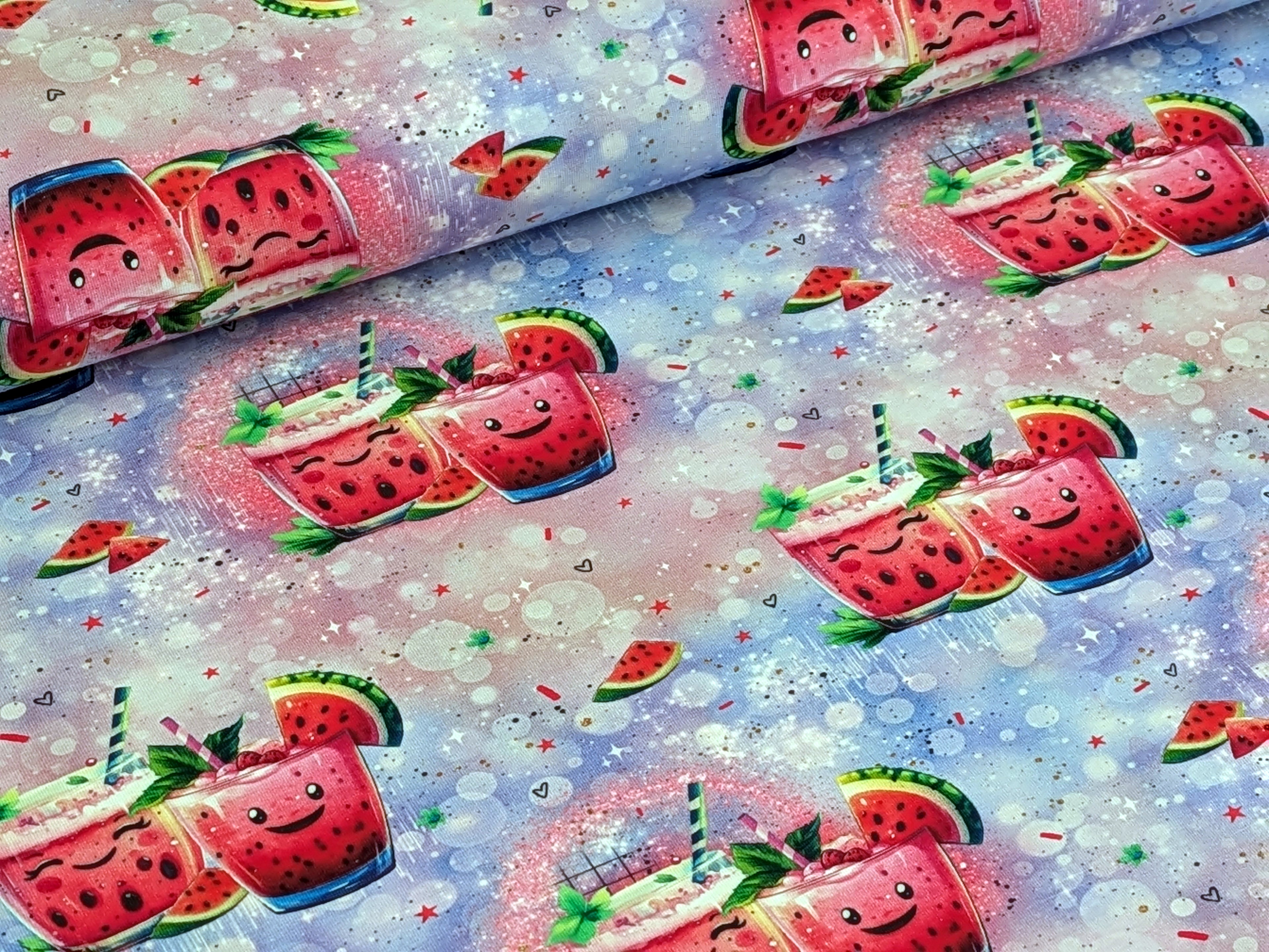 Eigenproduktion Baumwolljersey Süßer Melonen Cocktail auf Pink/Lila -N-