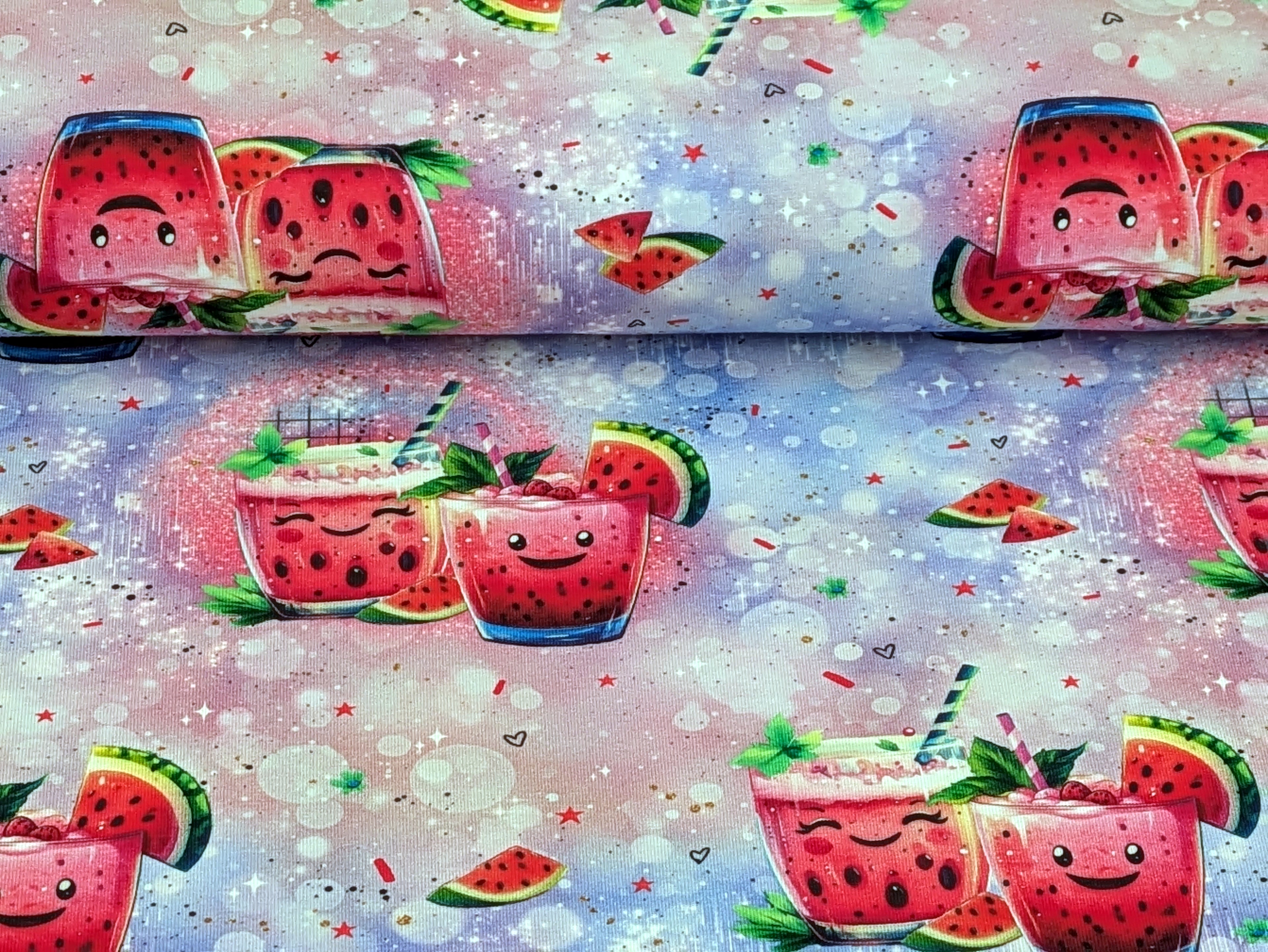 Eigenproduktion Baumwolljersey Süßer Melonen Cocktail auf Pink/Lila -N-