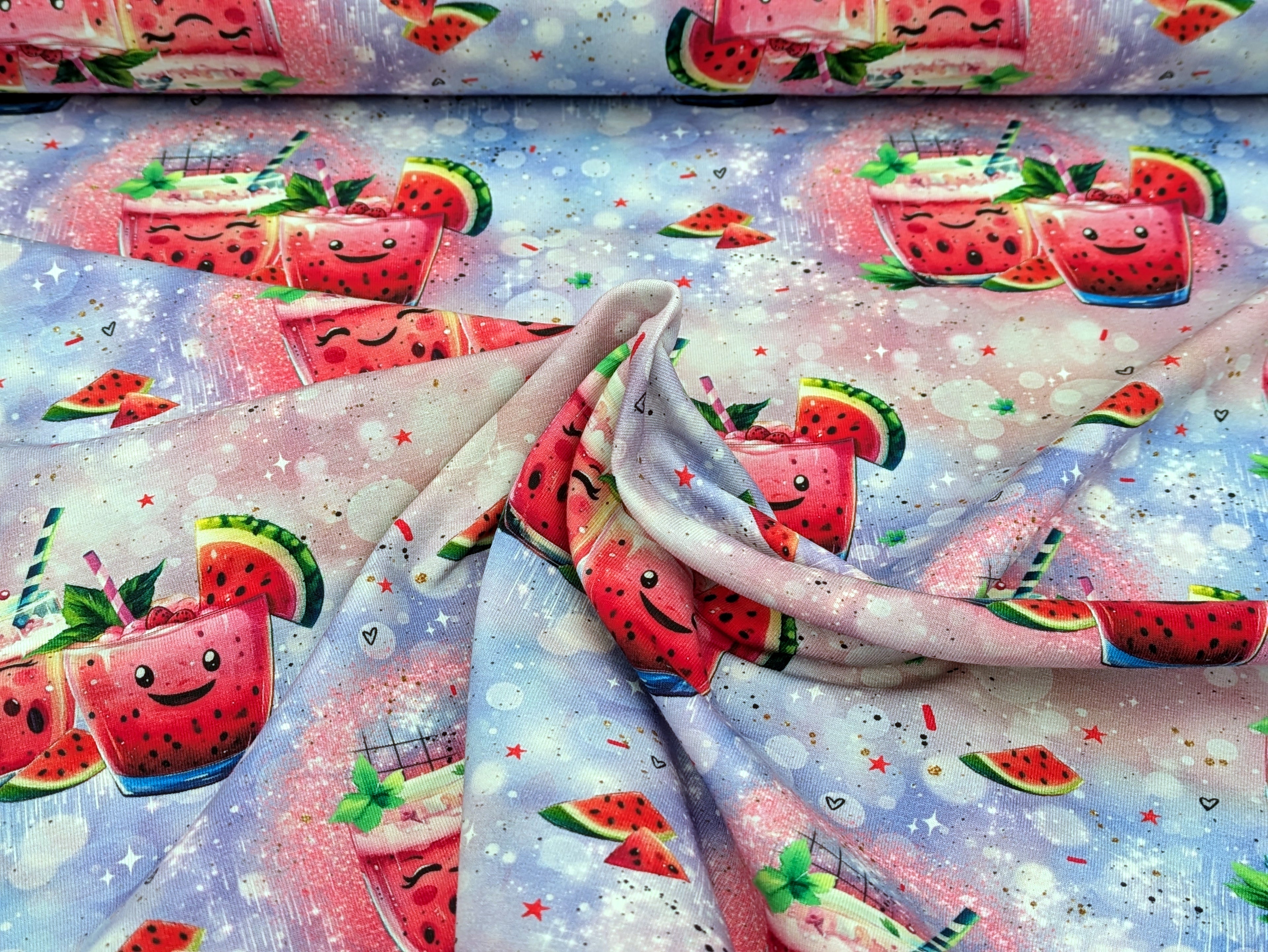Eigenproduktion Baumwolljersey Süßer Melonen Cocktail auf Pink/Lila -N-