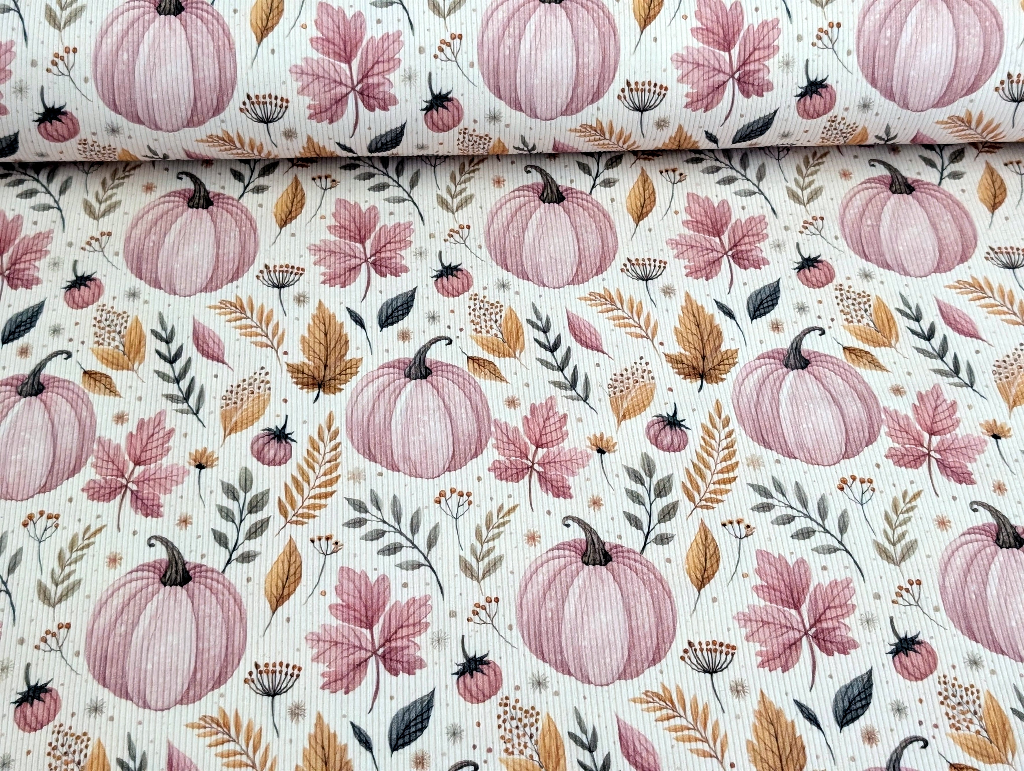 Eigenproduktion Rib Jersey Autum Kürbisse auf Hellrosa / Cremeweiß