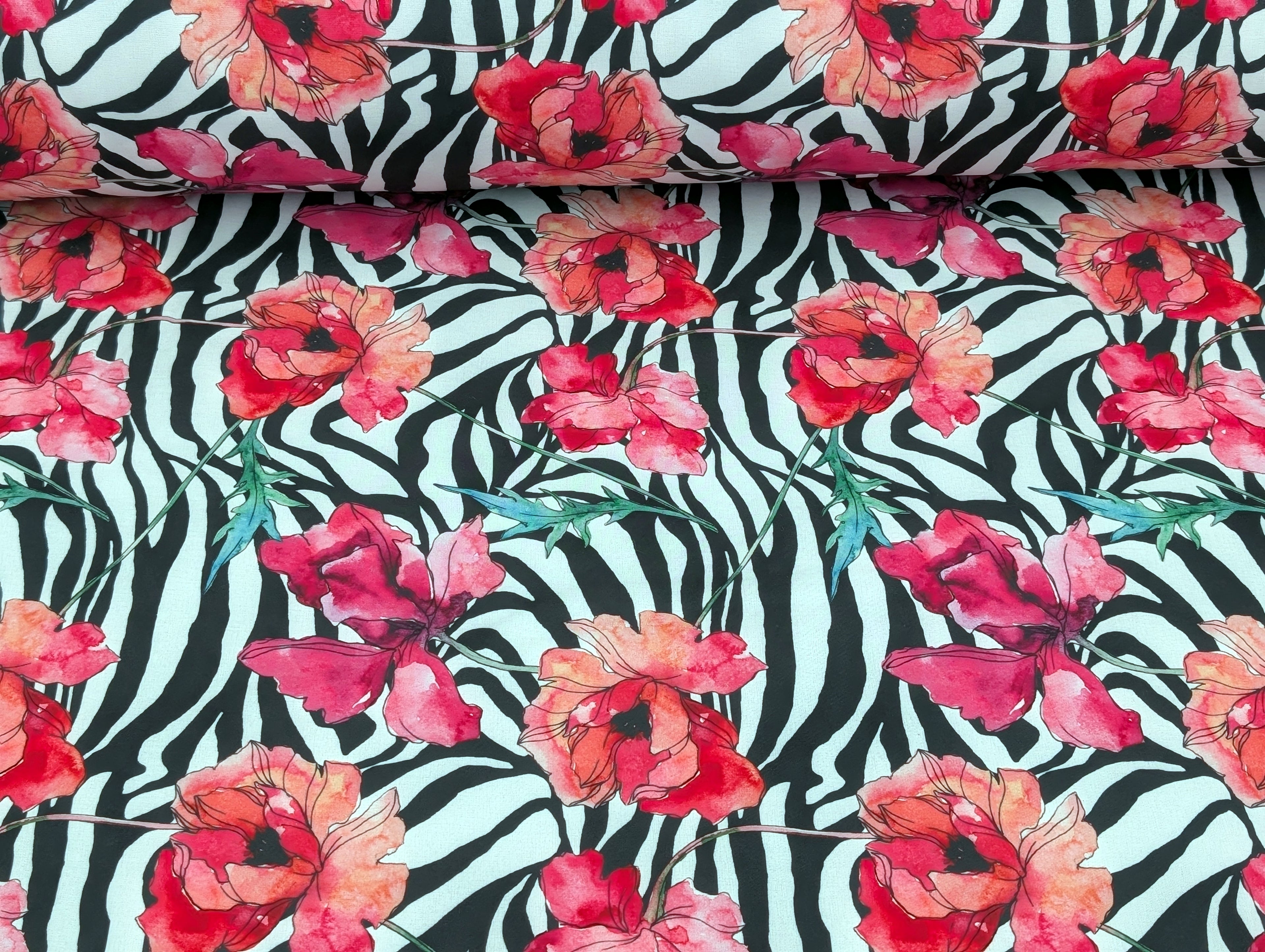 Softshell Digitaldruck Zebramuster mit Blumenranken Creme