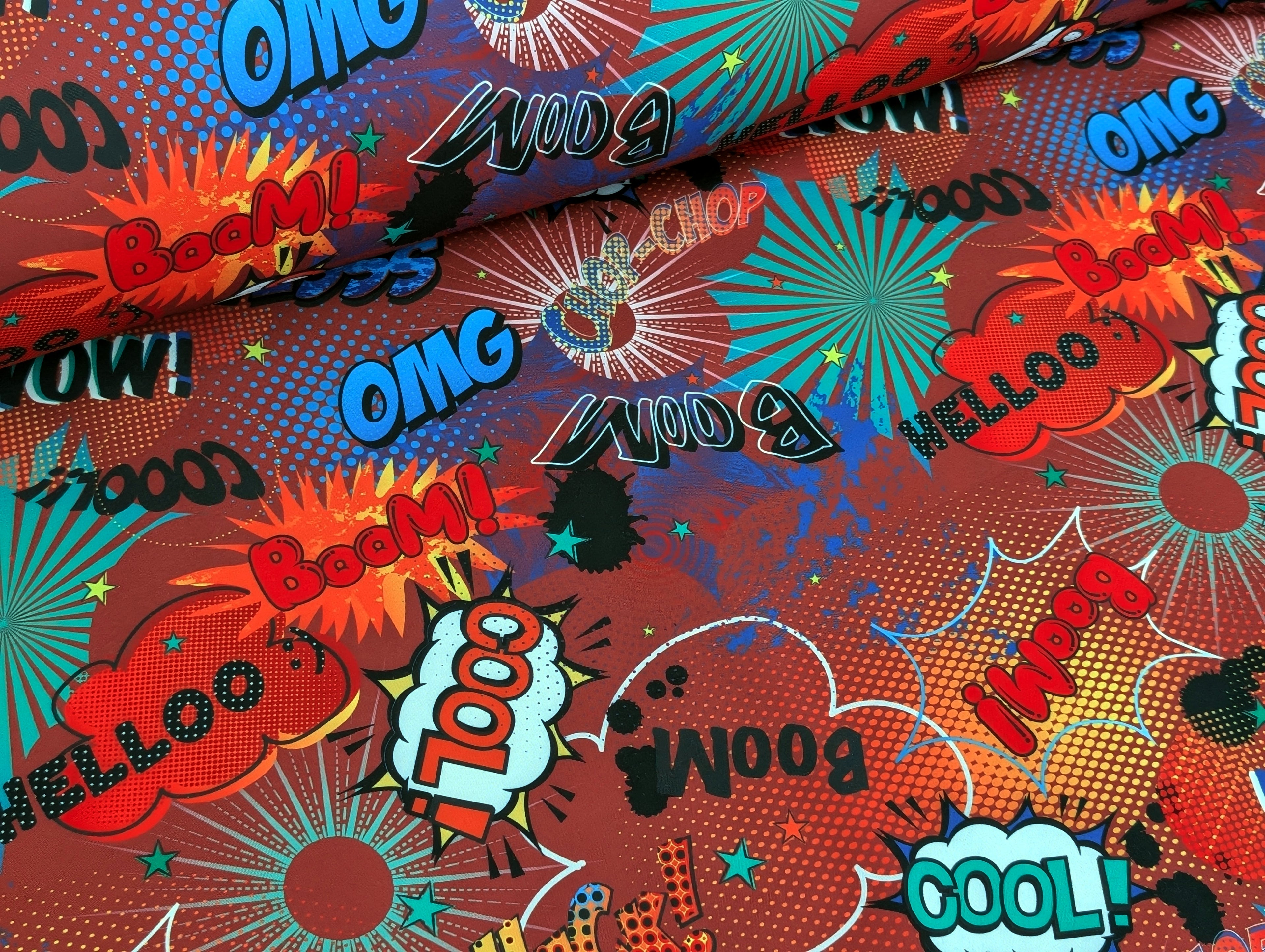Softshell Digitaldruck Comic Baam Cool WoW Yess Bunt auf Dunkelrot